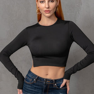 Round Neck Cropped Backless Tie Back Blouse-Pimamour