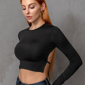 Round Neck Cropped Backless Tie Back Blouse-Pimamour