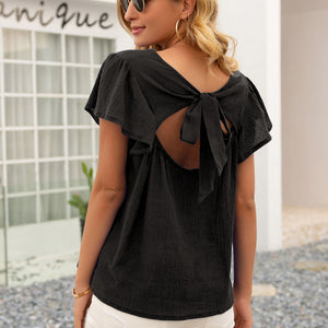 Round Neck Cutout Tie Back Top-Pimamour