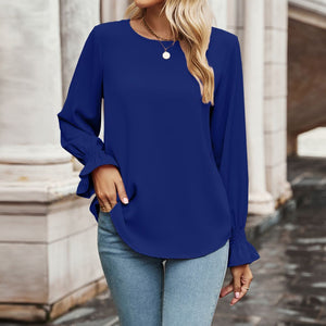 Round Neck Long Flounce Sleeve Blouse-Pimamour