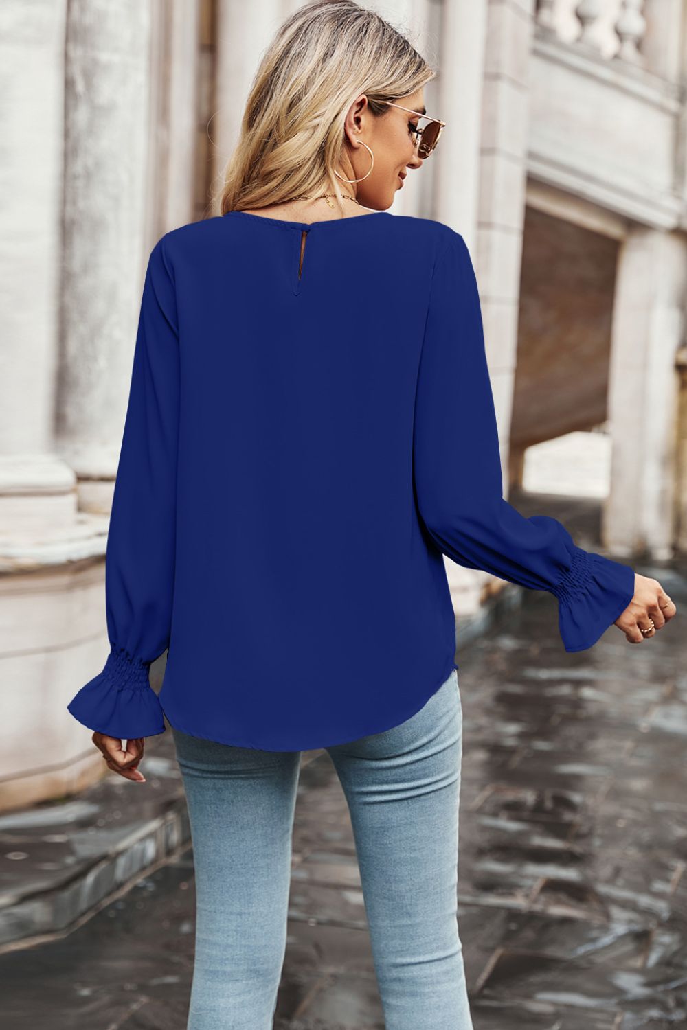 Round Neck Long Flounce Sleeve Blouse-Pimamour