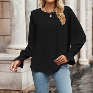 Round Neck Long Flounce Sleeve Blouse-Pimamour