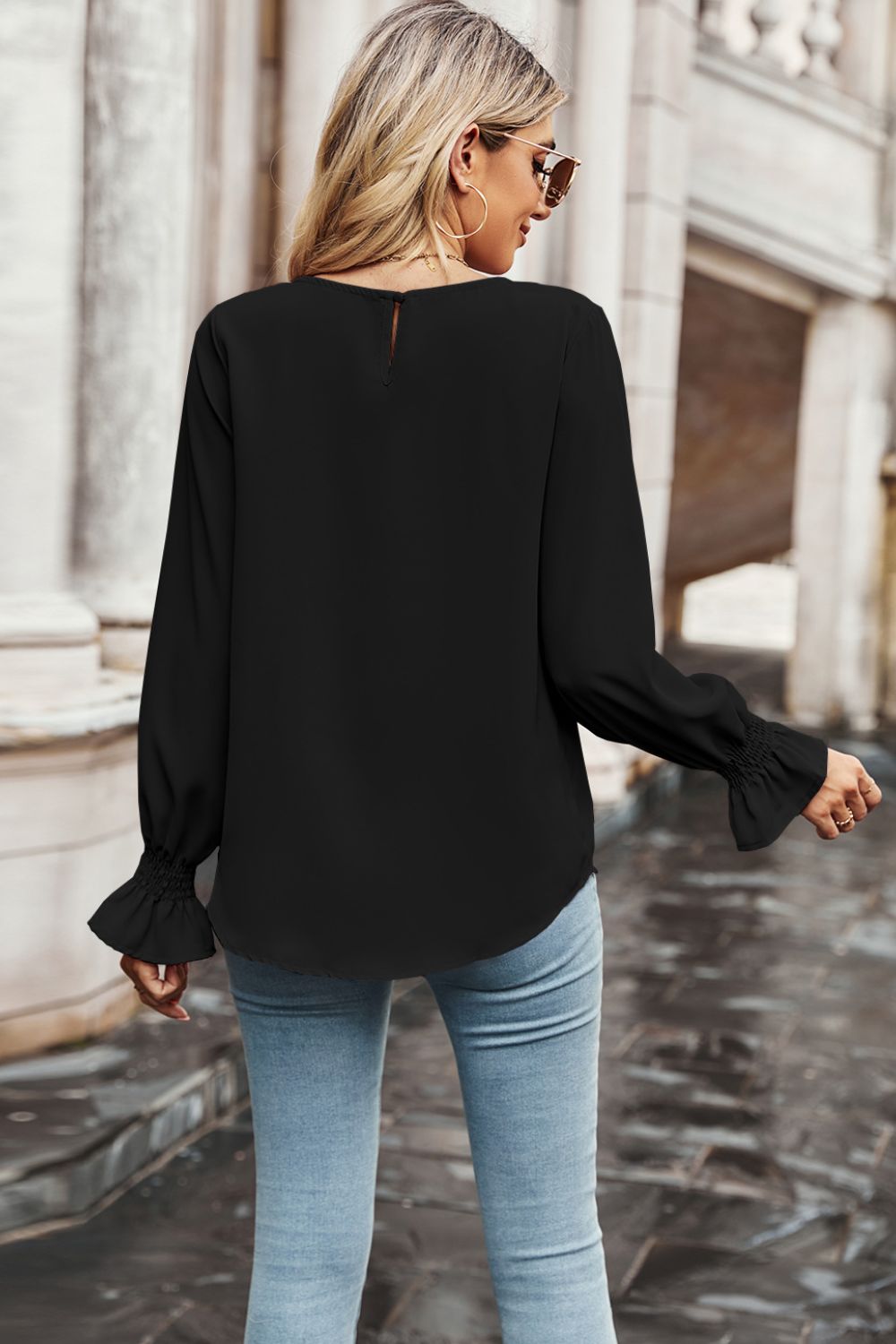 Round Neck Long Flounce Sleeve Blouse-Pimamour