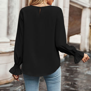 Round Neck Long Flounce Sleeve Blouse-Pimamour