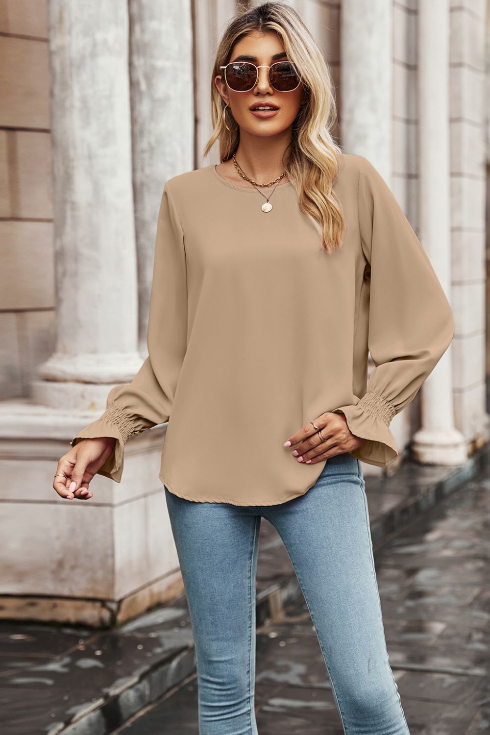 Round Neck Long Flounce Sleeve Blouse-Pimamour