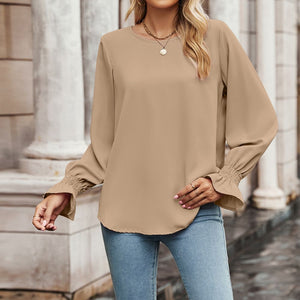 Round Neck Long Flounce Sleeve Blouse-Pimamour