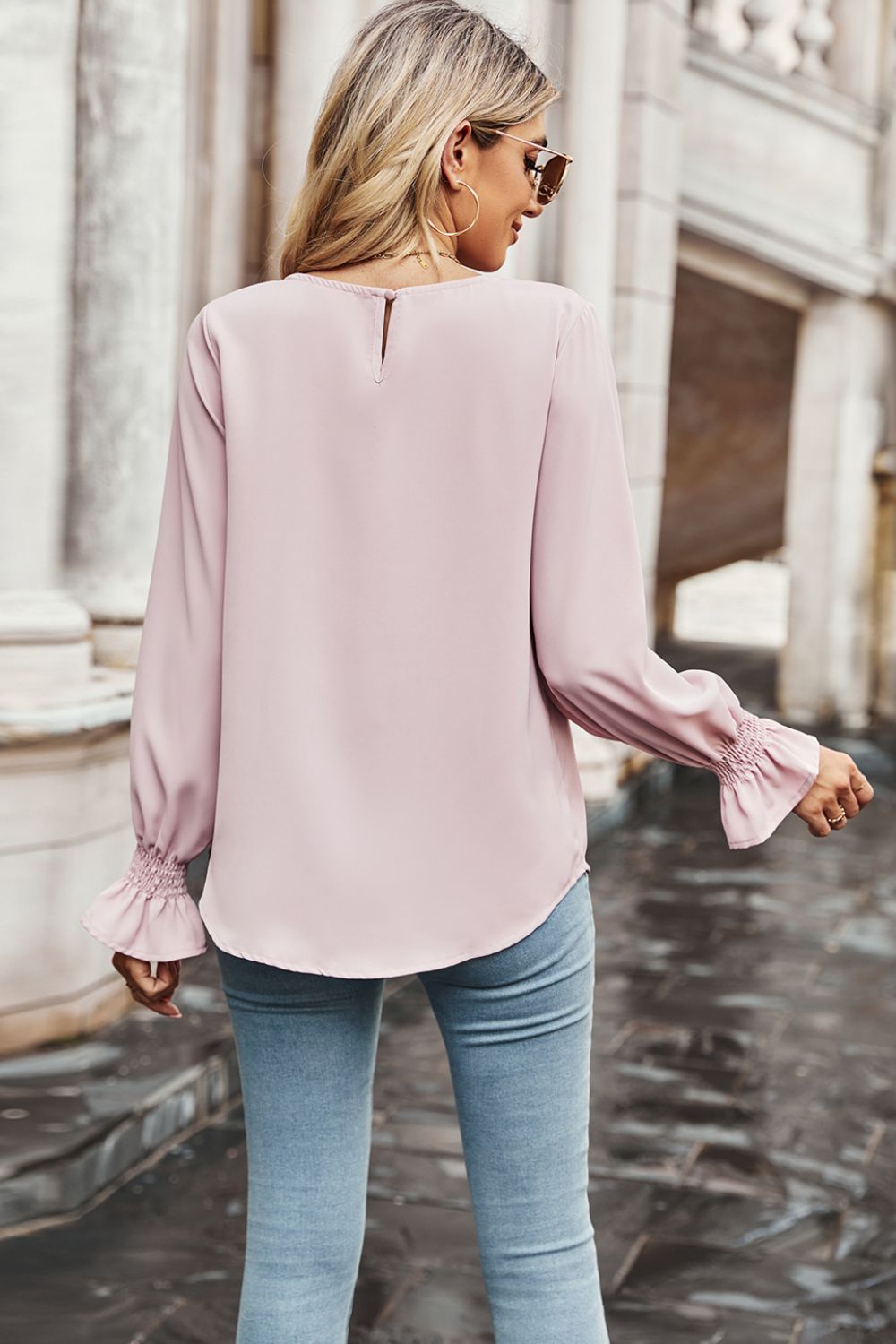 Round Neck Long Flounce Sleeve Blouse-Pimamour