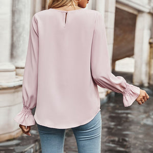 Round Neck Long Flounce Sleeve Blouse-Pimamour