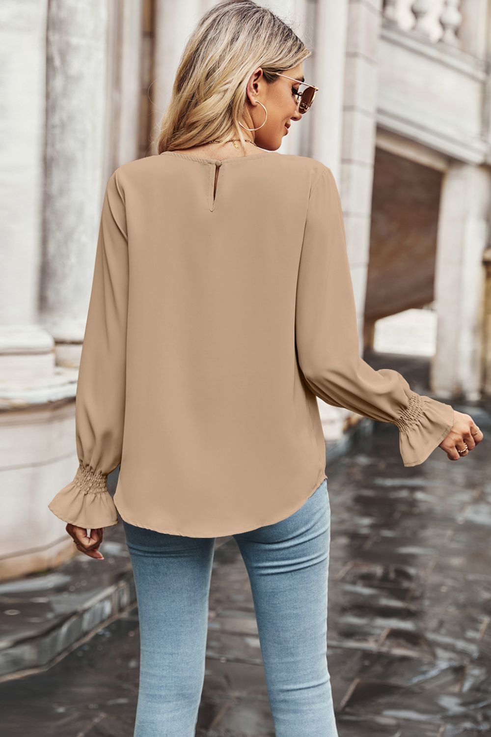 Round Neck Long Flounce Sleeve Blouse-Pimamour