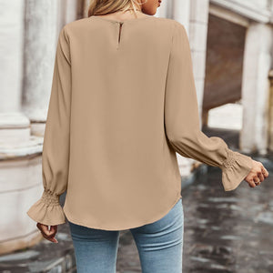 Round Neck Long Flounce Sleeve Blouse-Pimamour