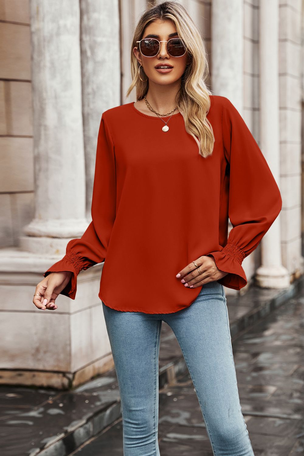 Round Neck Long Flounce Sleeve Blouse-Pimamour