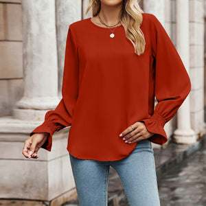 Round Neck Long Flounce Sleeve Blouse-Pimamour