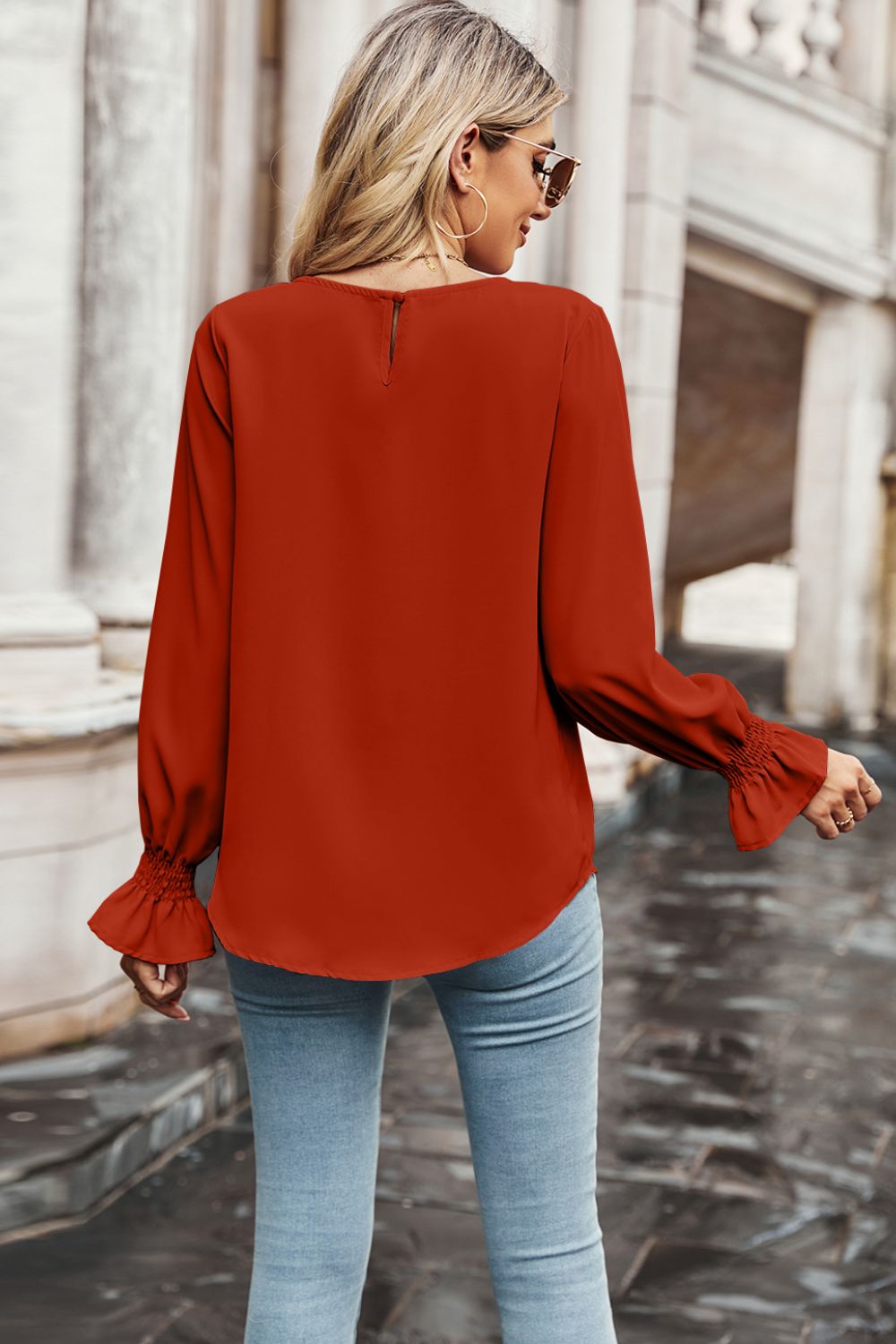 Round Neck Long Flounce Sleeve Blouse-Pimamour