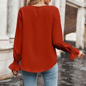 Round Neck Long Flounce Sleeve Blouse-Pimamour