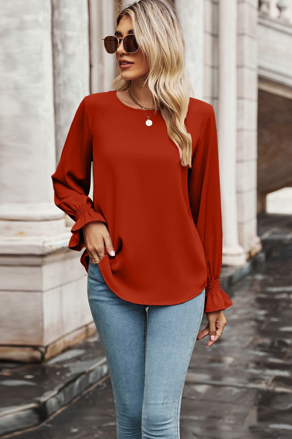 Round Neck Long Flounce Sleeve Blouse-Pimamour