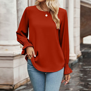 Round Neck Long Flounce Sleeve Blouse-Pimamour