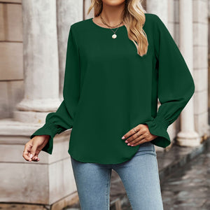 Round Neck Long Flounce Sleeve Blouse-Pimamour