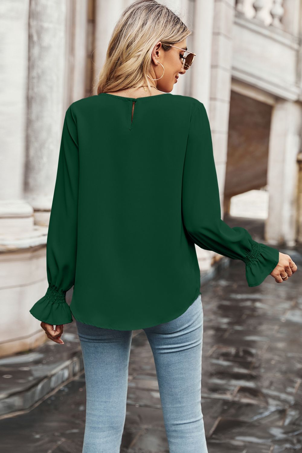 Round Neck Long Flounce Sleeve Blouse-Pimamour