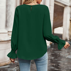 Round Neck Long Flounce Sleeve Blouse-Pimamour