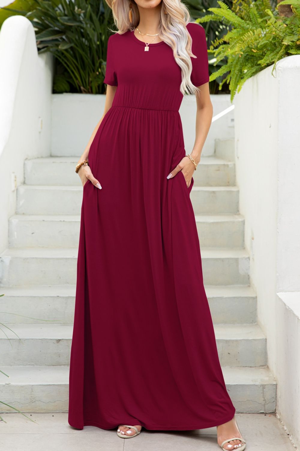 Round Neck Maxi Tee Dress with Pockets-Pimamour