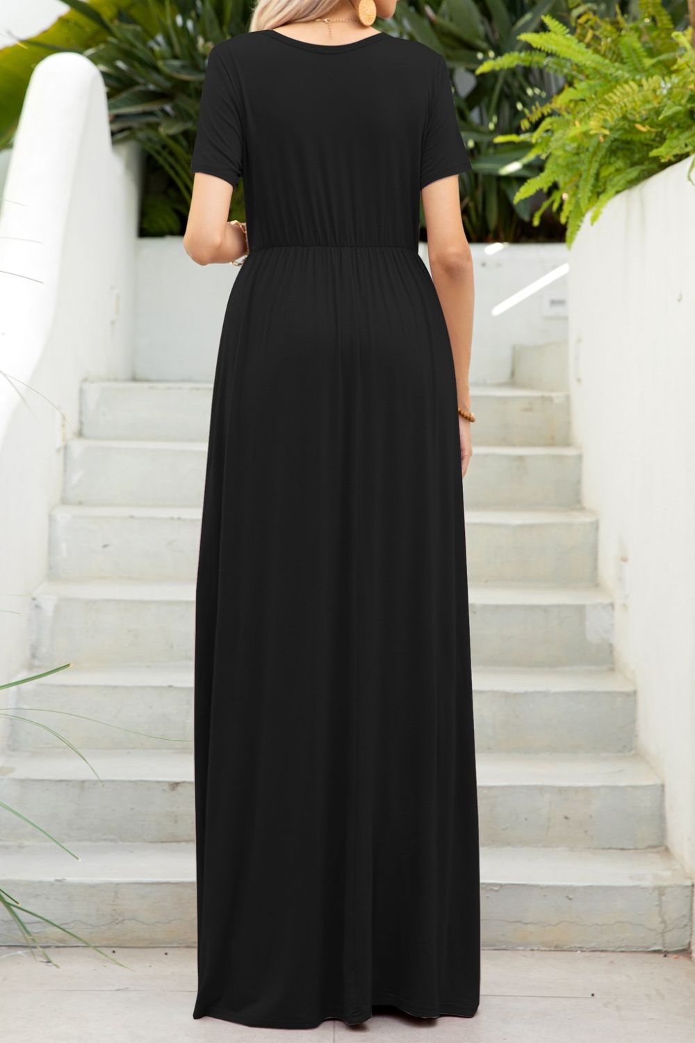 Round Neck Maxi Tee Dress with Pockets-Pimamour