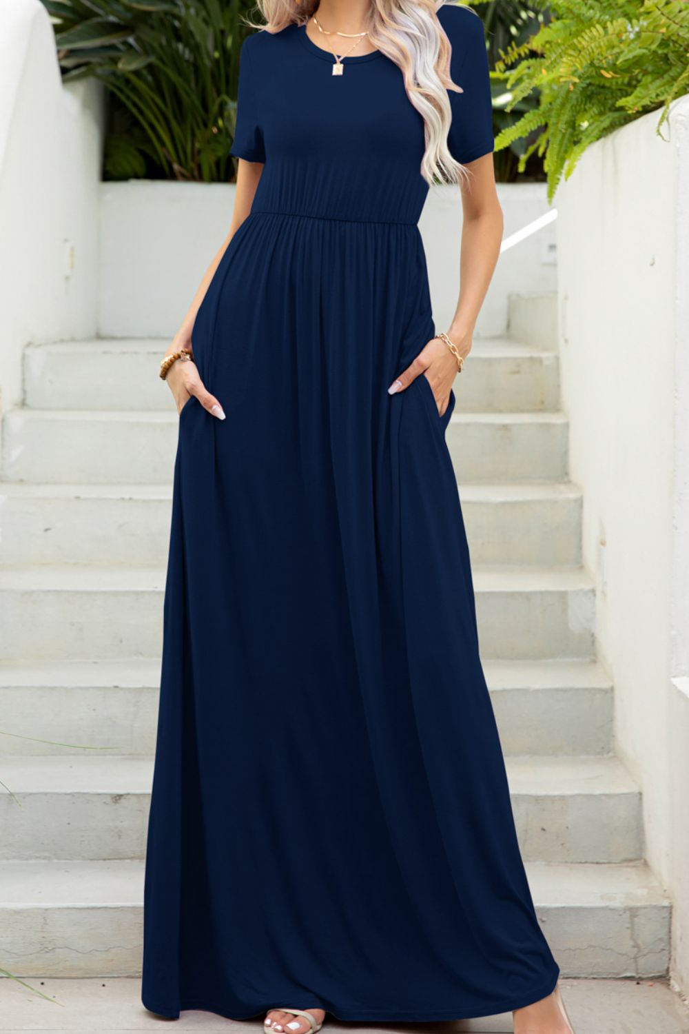 Round Neck Maxi Tee Dress with Pockets-Pimamour