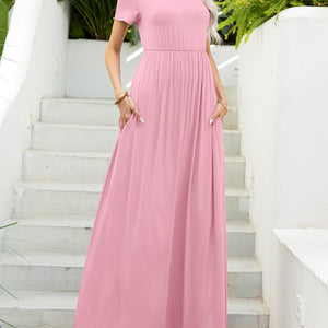 Round Neck Short Sleeve Maxi Dress with Pockets-Pimamour