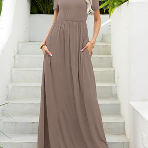 Round Neck Short Sleeve Maxi Dress with Pockets-Pimamour