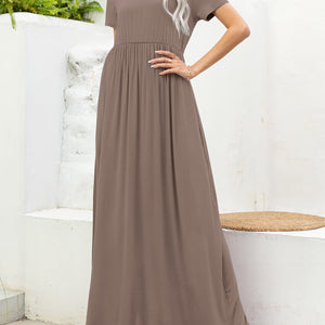 Round Neck Short Sleeve Maxi Dress with Pockets-Pimamour