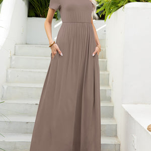 Round Neck Short Sleeve Maxi Dress with Pockets-Pimamour