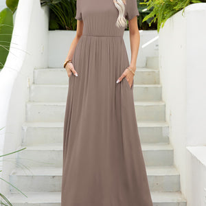 Round Neck Short Sleeve Maxi Dress with Pockets-Pimamour