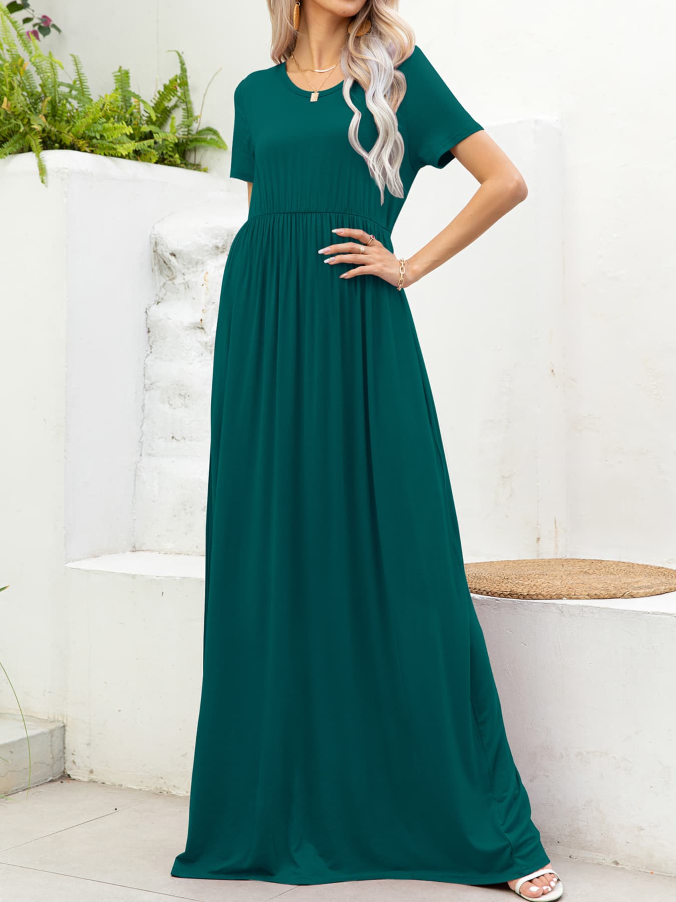 Round Neck Short Sleeve Maxi Dress with Pockets-Pimamour