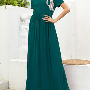 Round Neck Short Sleeve Maxi Dress with Pockets-Pimamour