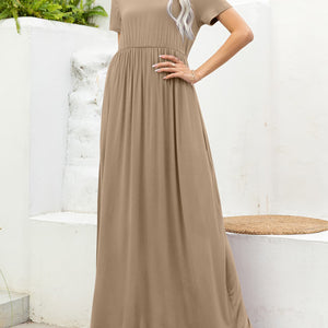 Round Neck Short Sleeve Maxi Dress with Pockets-Pimamour