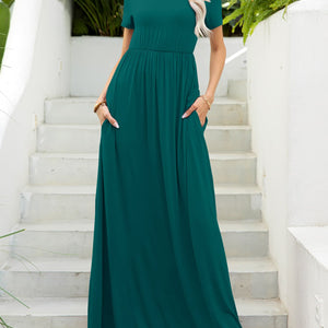 Round Neck Short Sleeve Maxi Dress with Pockets-Pimamour