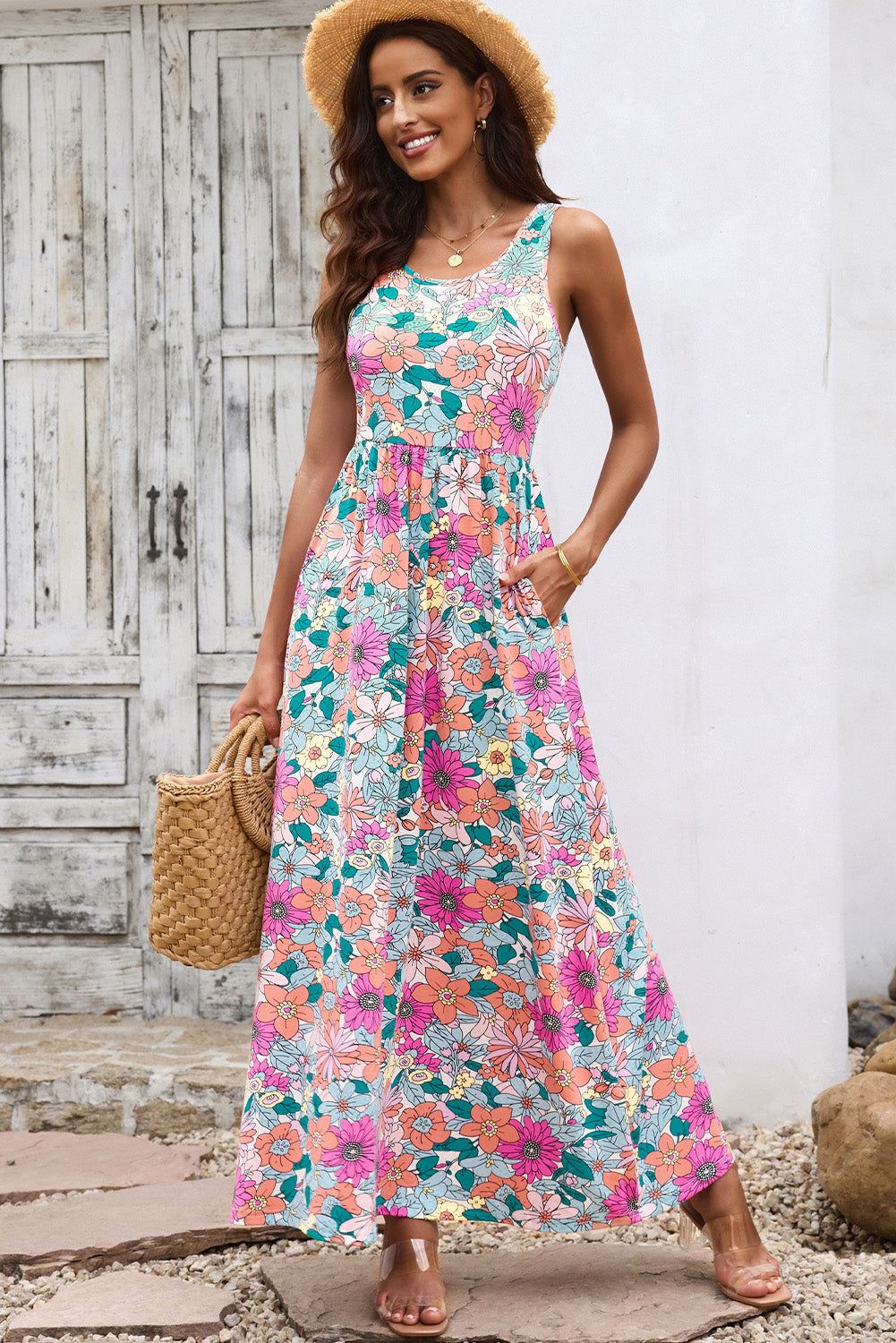 Round Neck Sleeveless Maxi Dress with Pockets-Pimamour