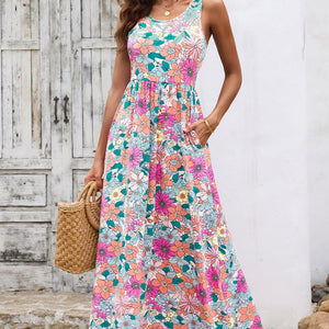 Round Neck Sleeveless Maxi Dress with Pockets-Pimamour