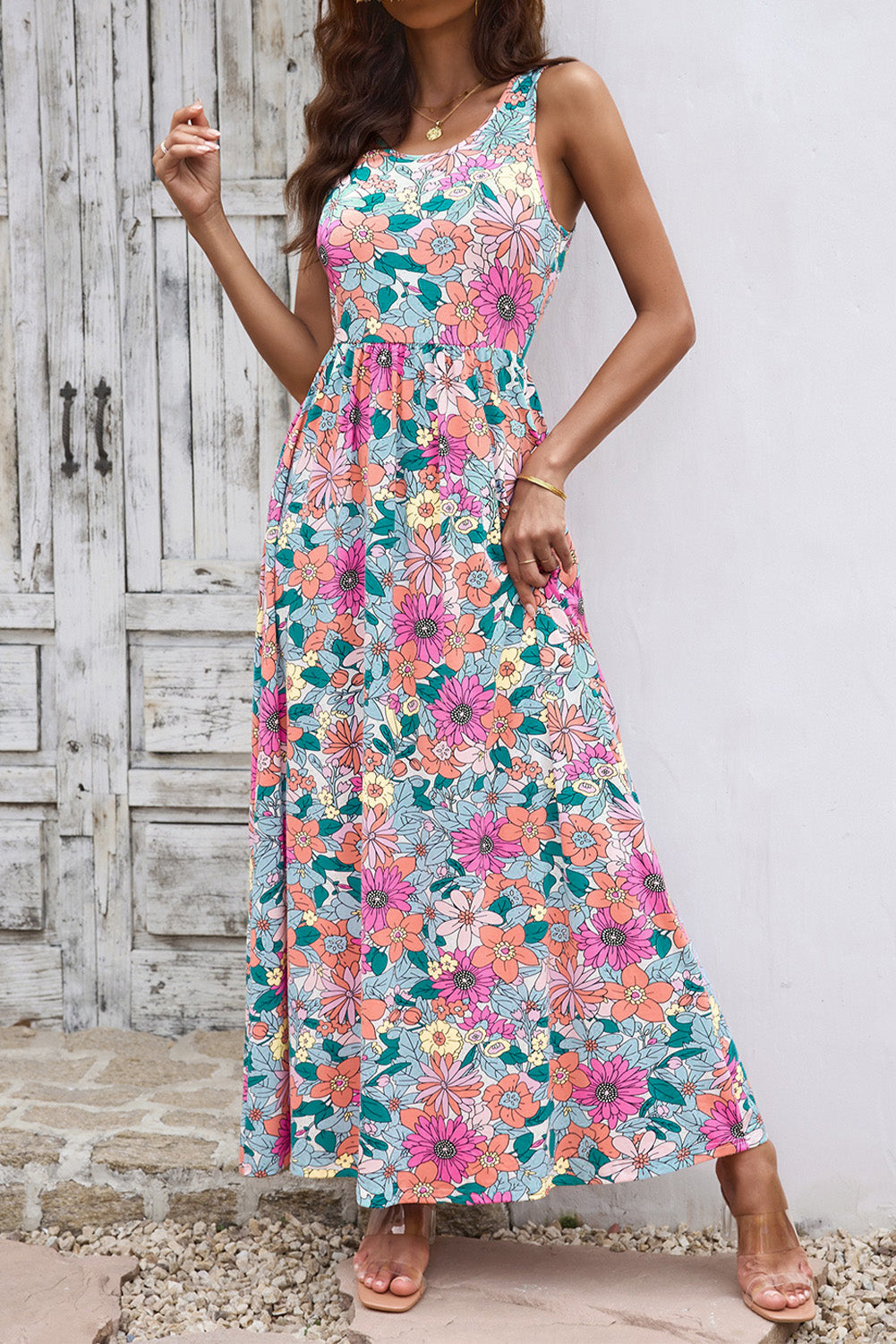 Round Neck Sleeveless Maxi Dress with Pockets-Pimamour