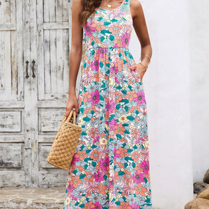 Round Neck Sleeveless Maxi Dress with Pockets-Pimamour