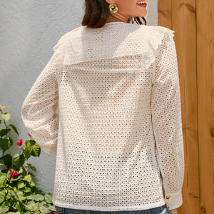 Ruffled Round Neck Eyelet Blouse-Pimamour