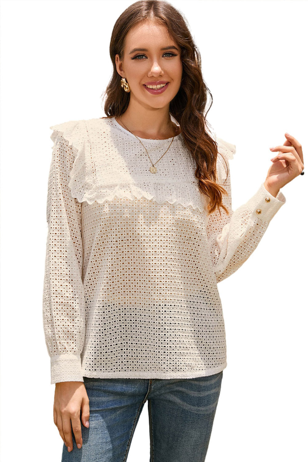 Ruffled Round Neck Eyelet Blouse-Pimamour