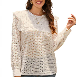 Ruffled Round Neck Eyelet Blouse-Pimamour