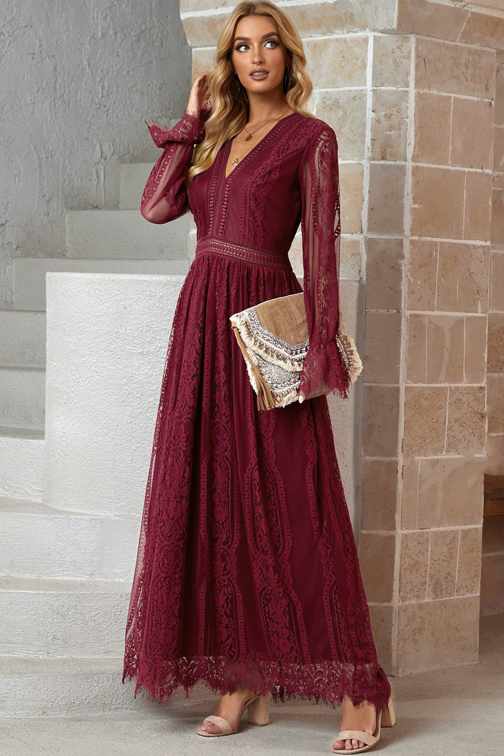 Scalloped Hem Flounce Sleeve Lace V-Neck Maxi Dress-Pimamour