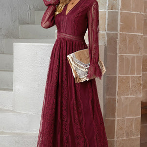 Scalloped Hem Flounce Sleeve Lace V-Neck Maxi Dress-Pimamour