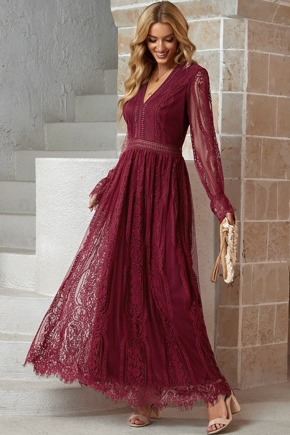 Scalloped Hem Flounce Sleeve Lace V-Neck Maxi Dress-Pimamour