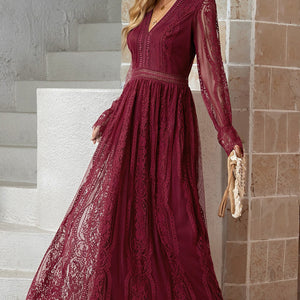 Scalloped Hem Flounce Sleeve Lace V-Neck Maxi Dress-Pimamour