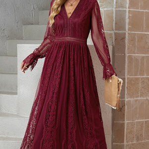 Scalloped Hem Flounce Sleeve Lace V-Neck Maxi Dress-Pimamour