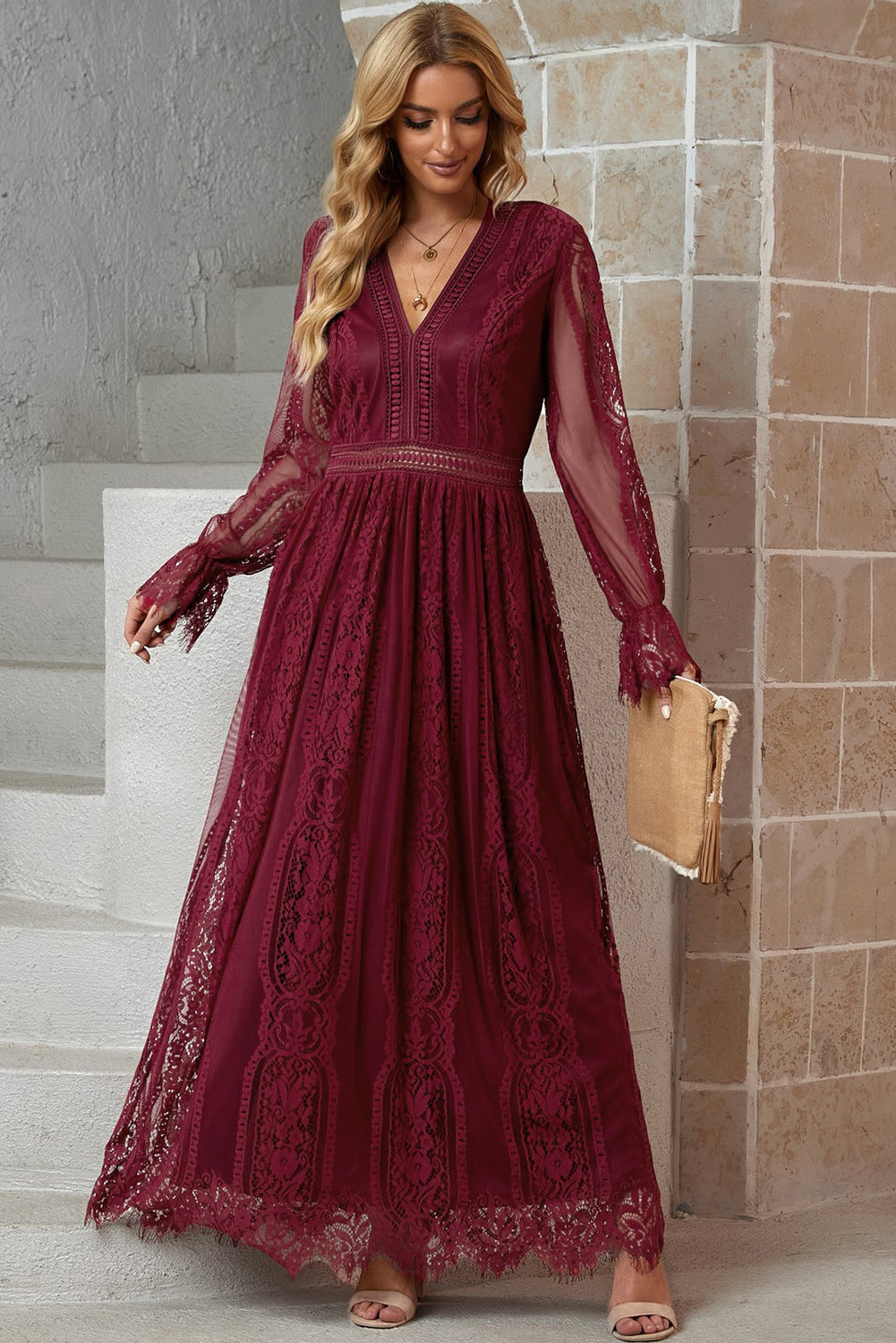 Scalloped Hem Flounce Sleeve Lace V-Neck Maxi Dress-Pimamour