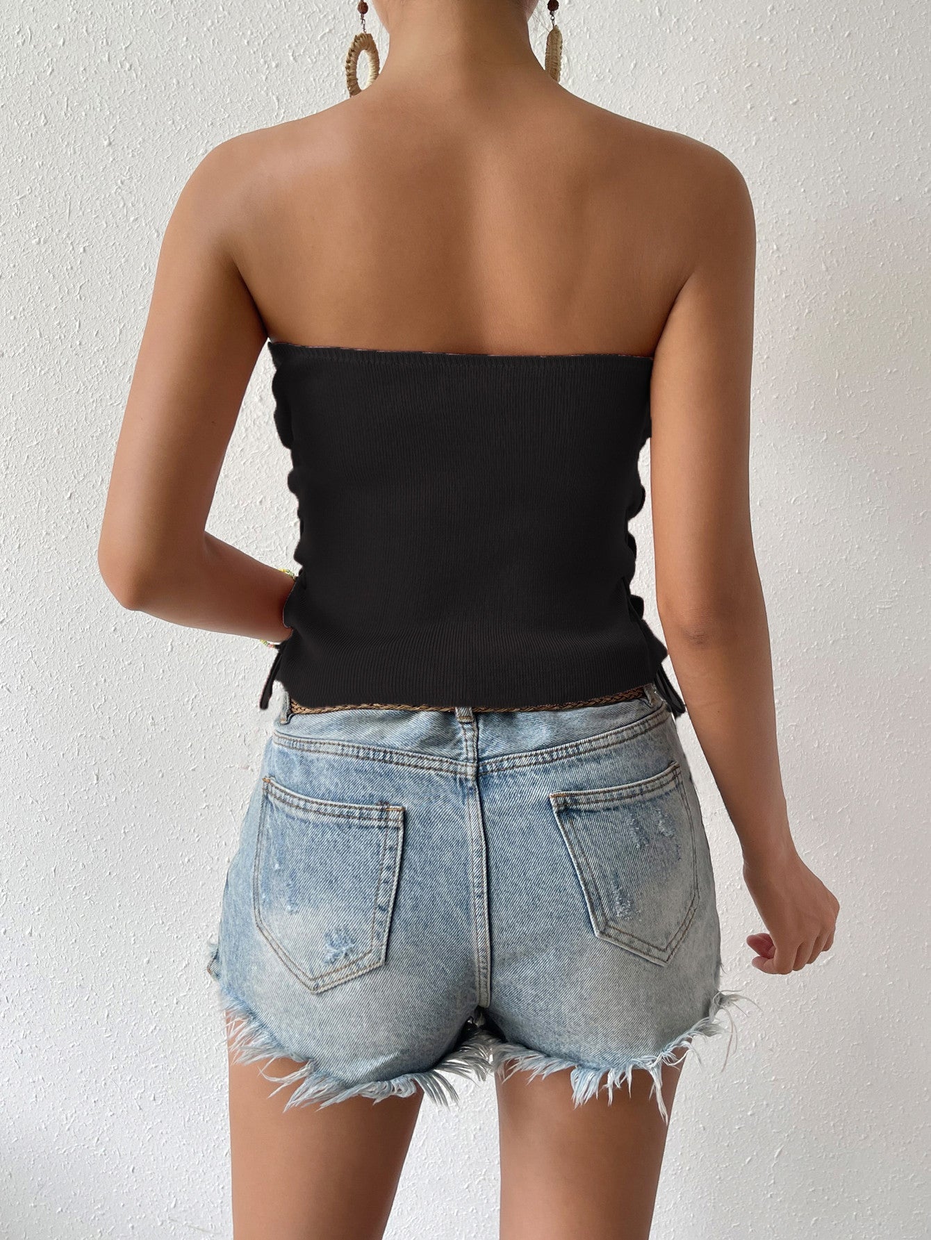 Seam Detail Lace-Up Tube Top-Pimamour