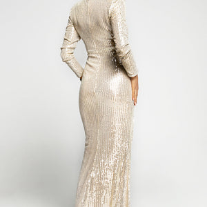 Sequin Cutout Ruched Split Long Sleeve Maxi Dress-Pimamour